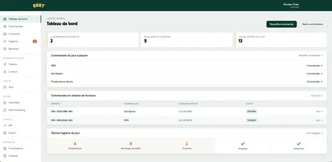 Tableau de bord de l'application de gestion Bart